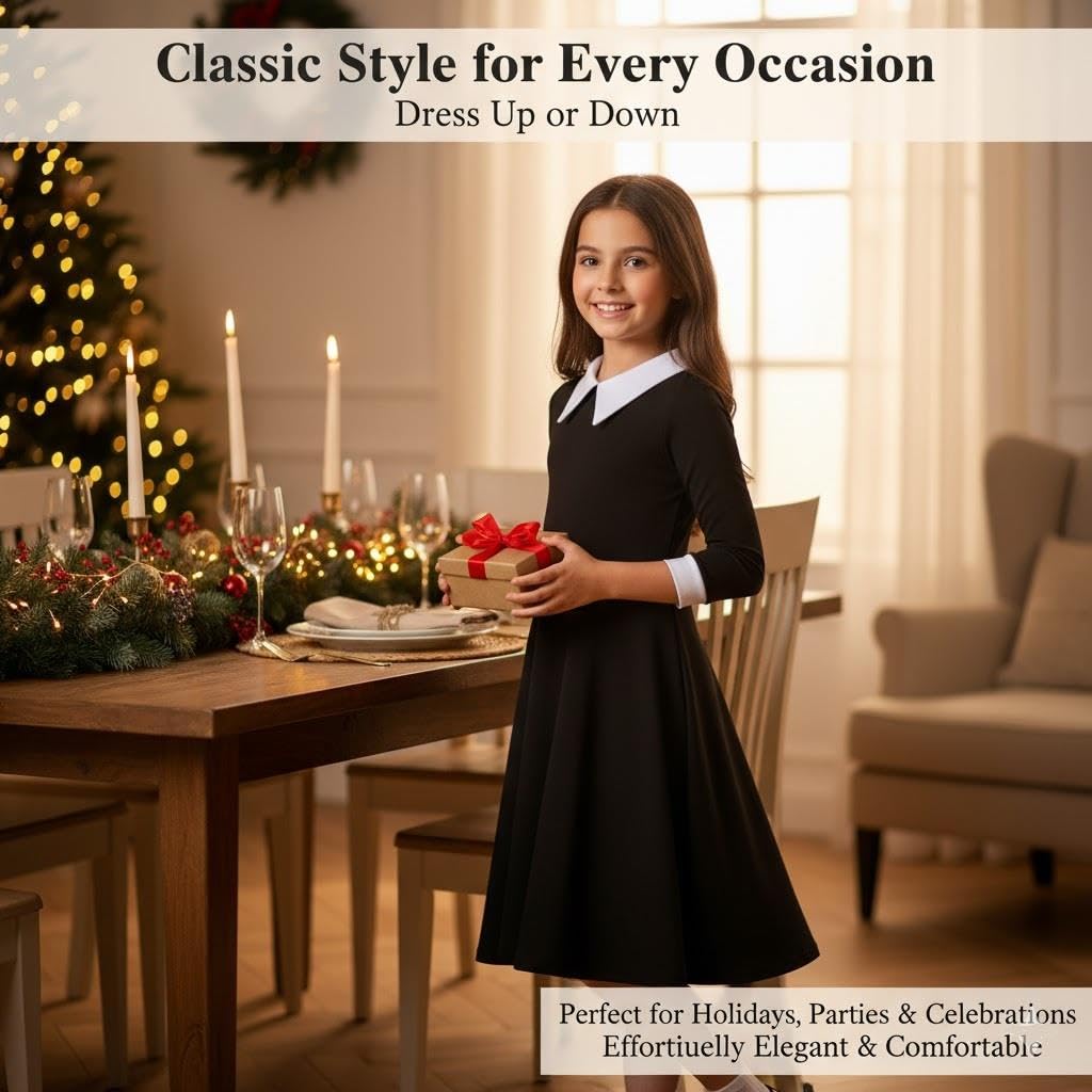 A2Z 4 Kids Girls Black Swing Dress Long Sleeve Peter Pan Collar Gothic Girl Fancy Dress - Swing Dress 673 Black 5-6