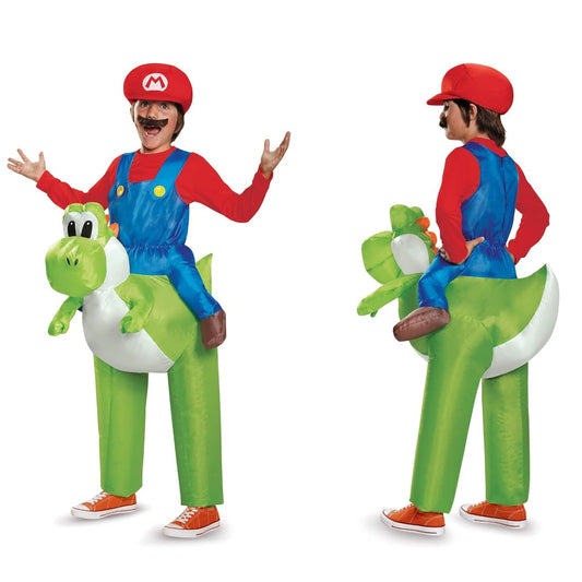 Inflatable Yoshi Mario kids costume with green jumpsuit and fan