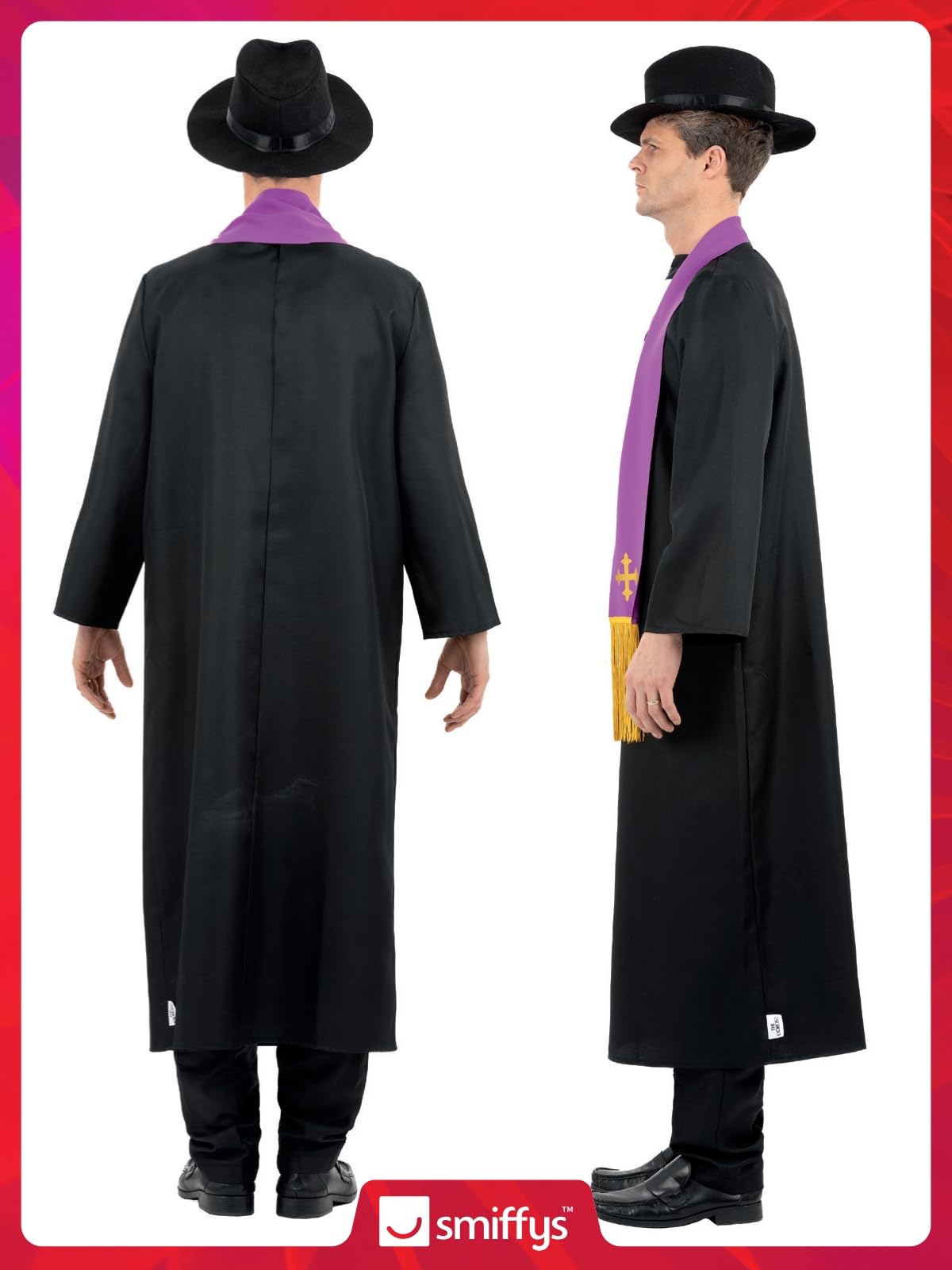 Smiffys The Exorcist Father Merrin Priest Costume for Adults, Robe, Inserted Collar, Stole, Cross Necklace & Hat, Official Exorcist License Costume with Hat & Collar Detail