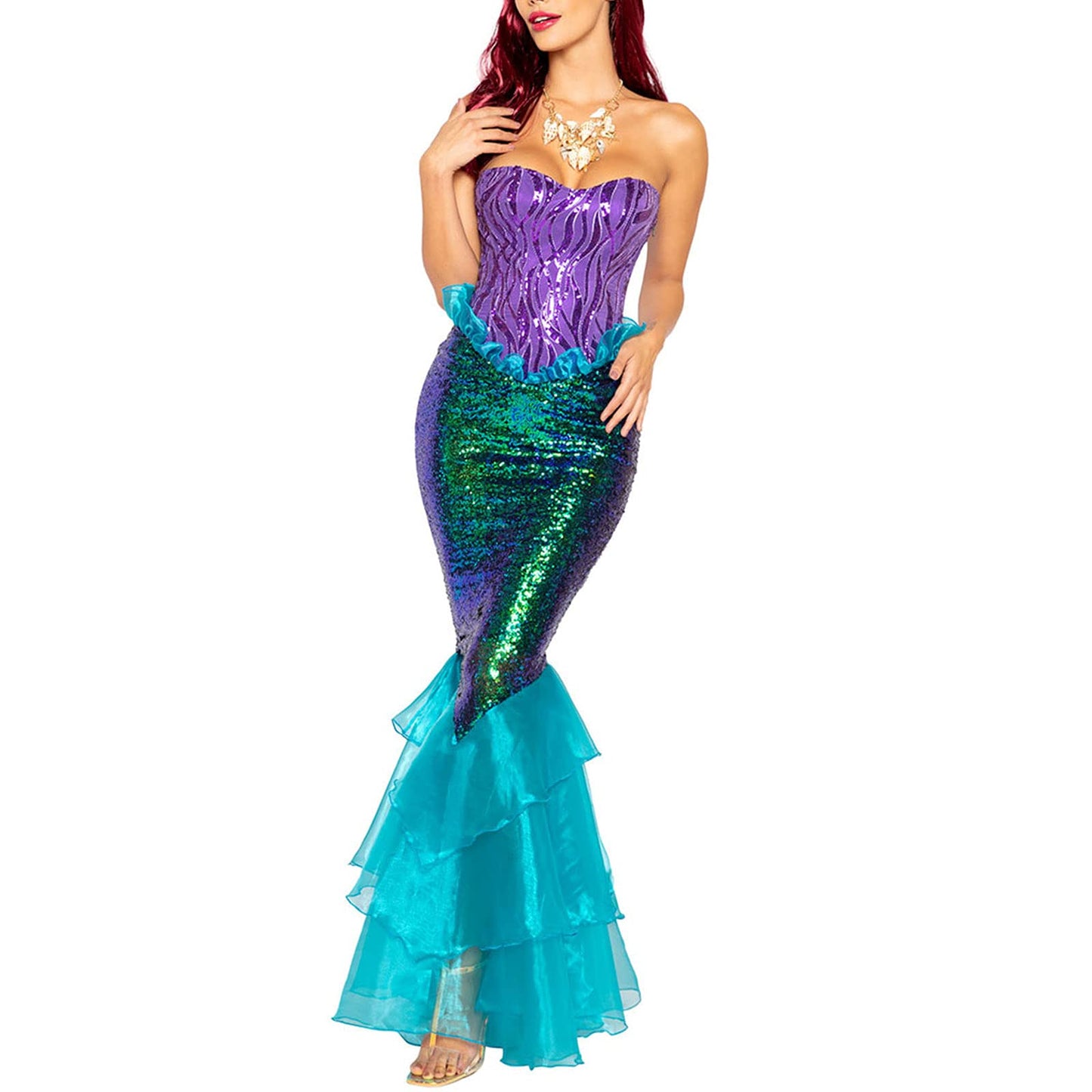 DELIMALI Women's Mermaid Ladies Ruffle Sequin Fairytale Book Fancy Long Tail Dress Womens Adults Costume Outfit (Blue, Medium)