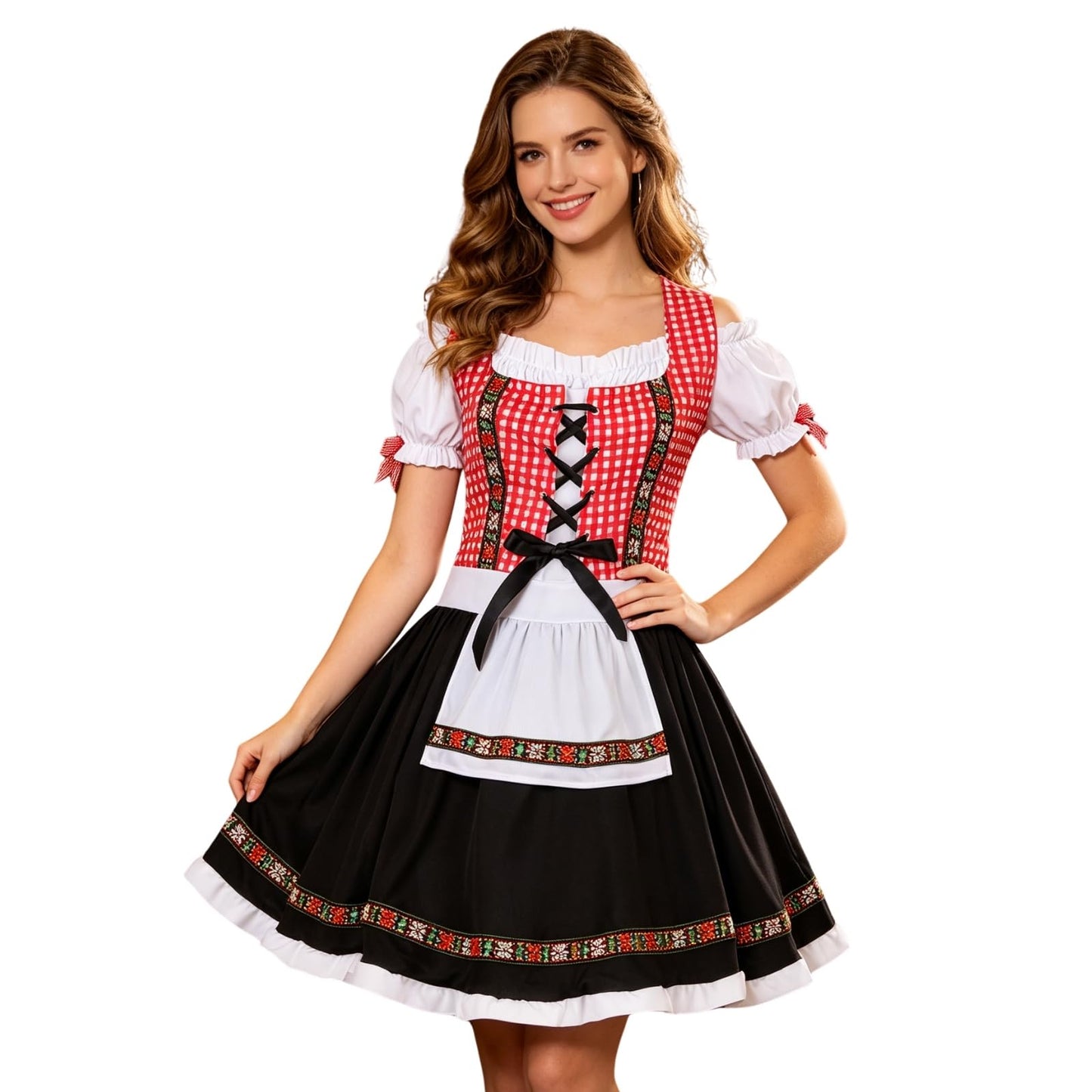HAPNBCELE Oktoberfest Costume for Womens, German Dirndl Plaid Dress Traditional Beer Festival Bavarian Carnival Halloween (Red Plaid, Large)