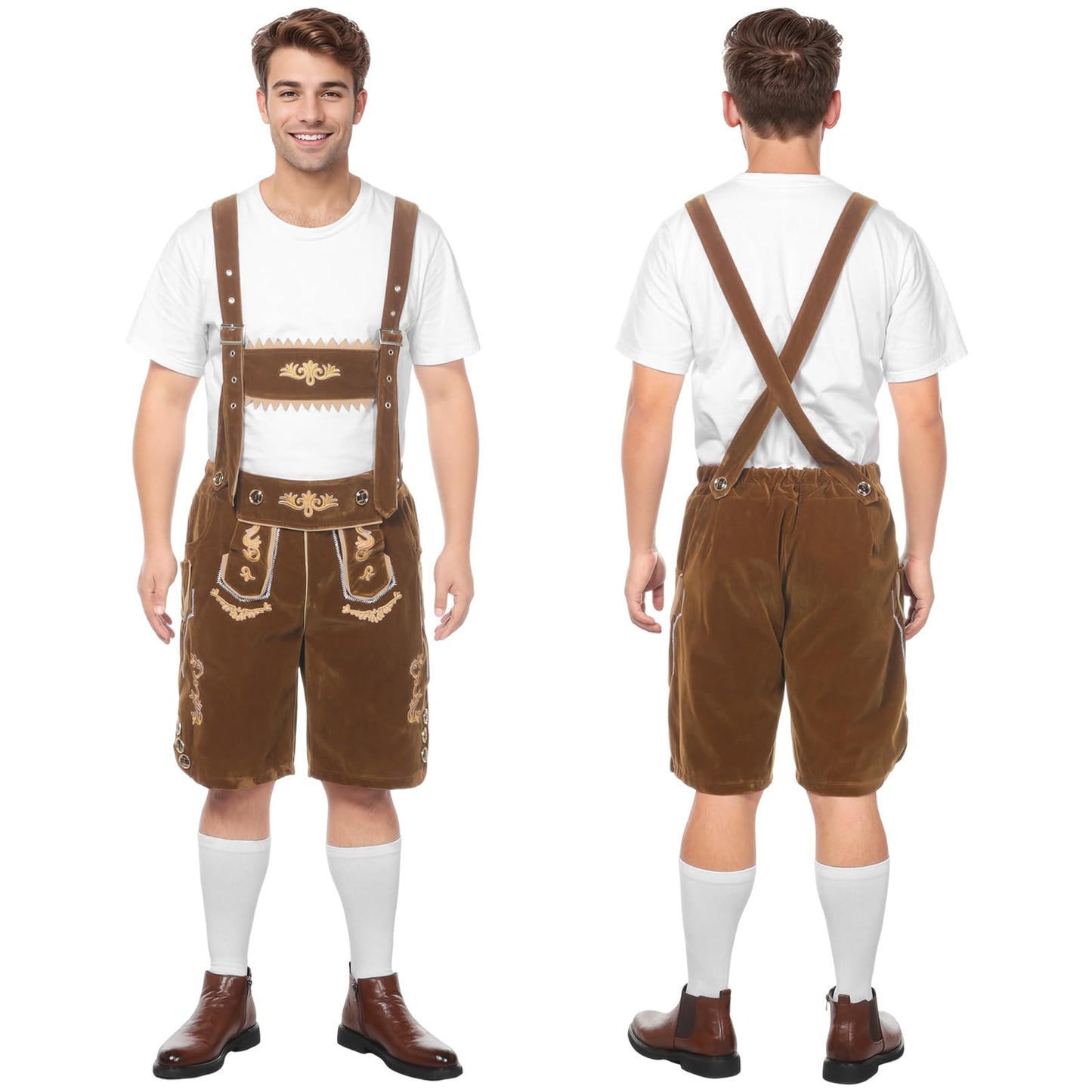Joyesplay Lederhosen Men Oktoberfest Costume,Bavarian Outfit with Lederhosen Shorts＆Socks for Festivals Celebrations Adult Mens (Brown, XL)