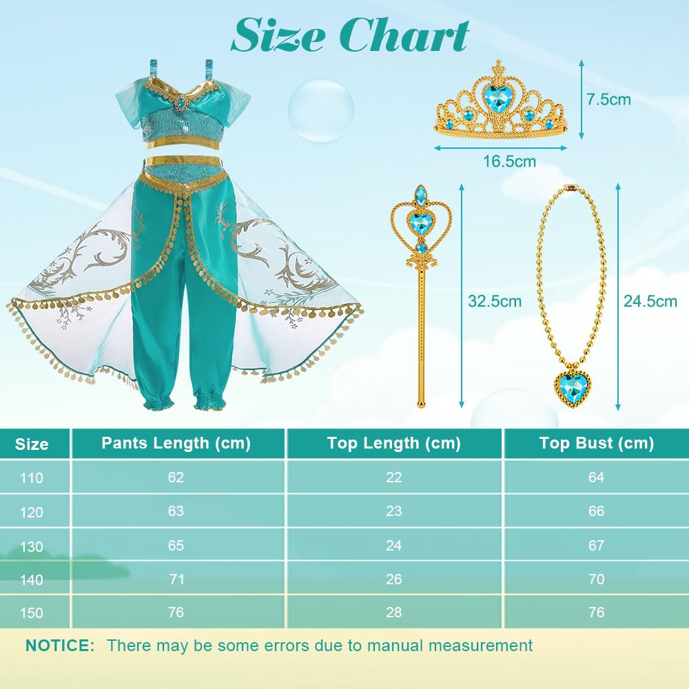 BSBUY Jasmine Princess Costume for Girls Two-Piece Sequined Dress Up, Aladdin Themed Outfit for Birthday Halloween Party Carnival Cosplay