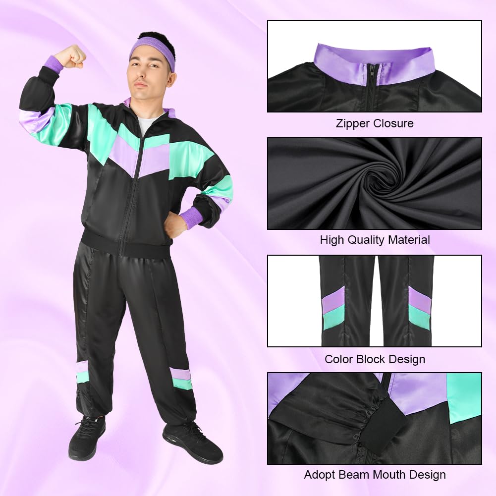 Aomig 80s Height of Fashion Shell Suit Costume, 80s Fancy Dress Men Women with Headband Wristbands, 1980s Disco Fancy Dress, 80s 90s Outfits Fashion Retro Tracksuit for Halloween Carnival Party(L)