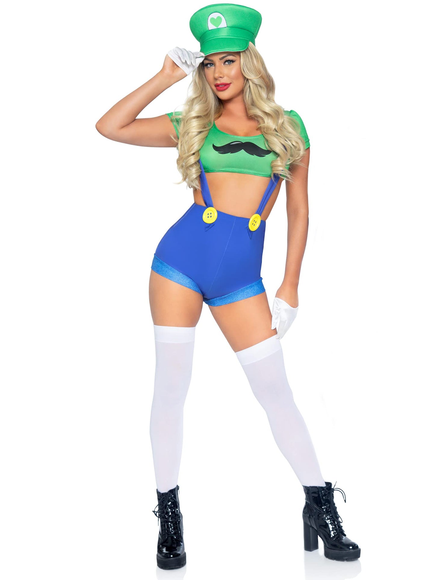 Women's Sexy Gamer Babe Costume with Crop Top - Suspender Shorts (image 2)