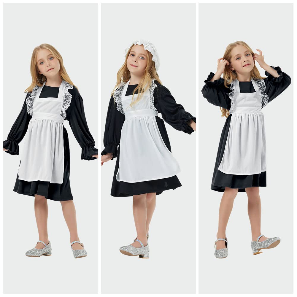 AOMIG Victorian Maid Costume, Village Medieval Dress with Mop Cap & Socks, Kids Poor Outfit Fancy Costumes for Halloween Cosplay, World Book Day, Black, (C2-M-Bl230324-FBA)