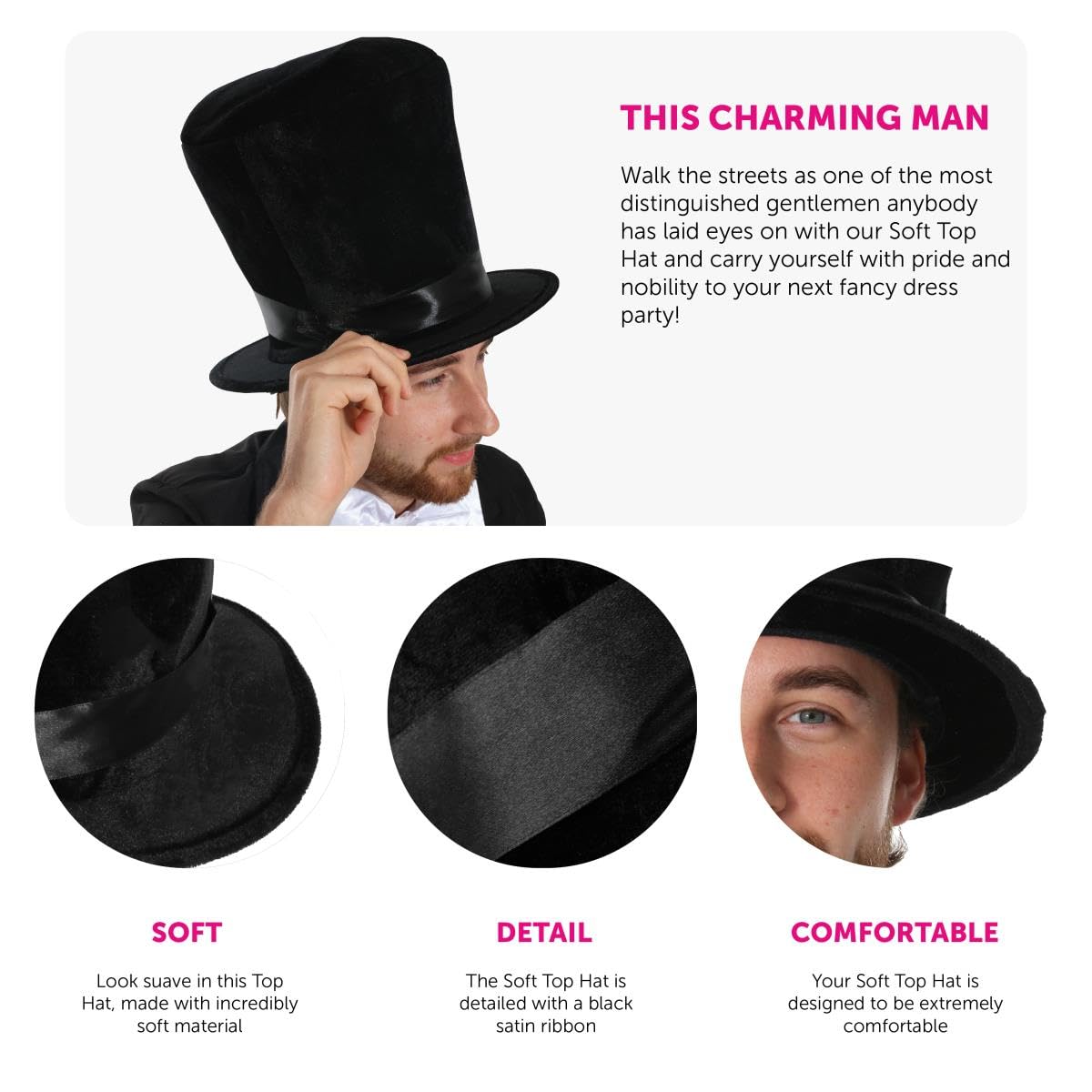 Posh Victorian Man Costume - Large - Black Jacket, White Cravat, Plush Top Hat, White Gloves and Moustache - Historical Fancy Dress