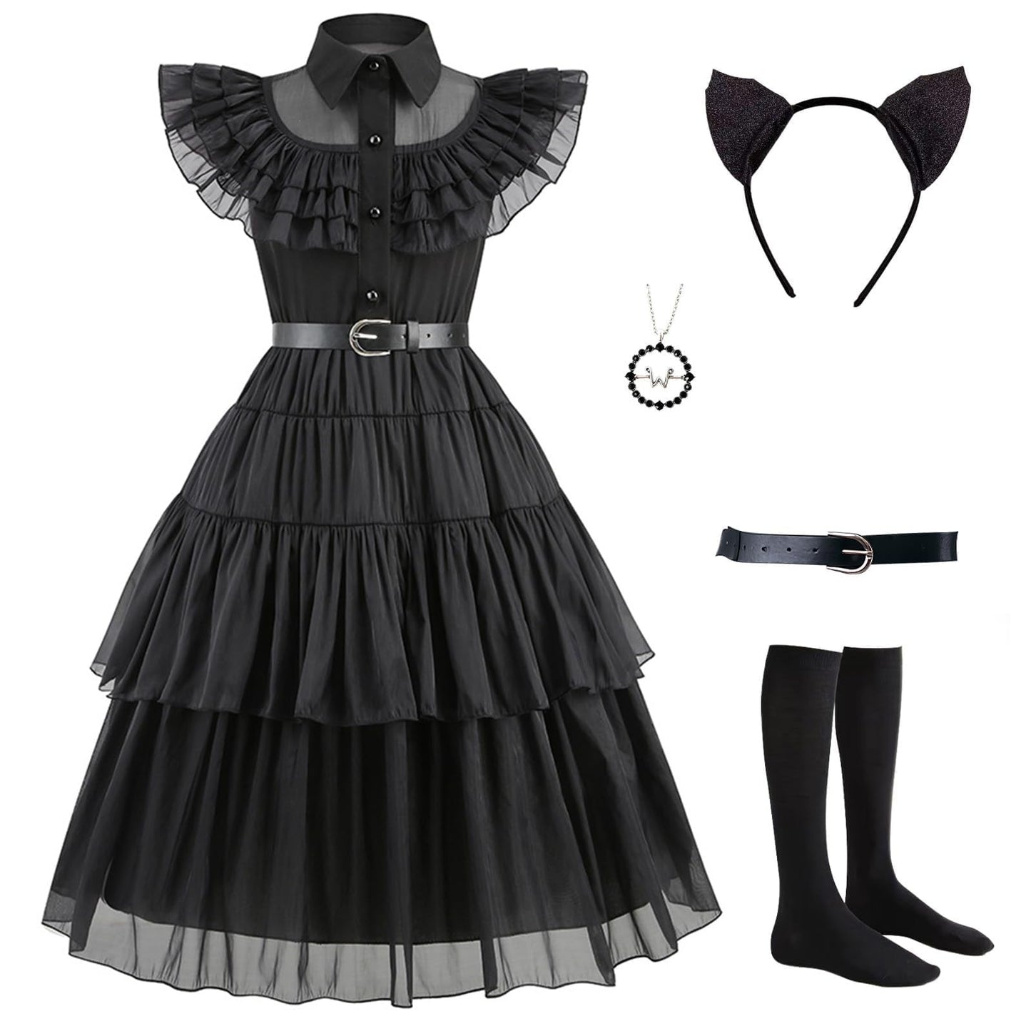 VIPten Dress for Kids Girls, Addams Family Cosplay Outfit Gothic Costumes for Halloween Birthday School Party (Black, 4-5 Years)