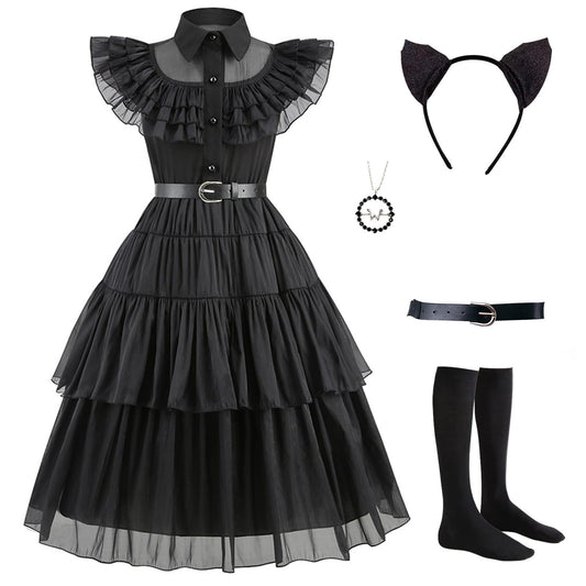 VIPten Dress for Kids Girls, Addams Family Cosplay Outfit Gothic Costumes for Halloween Birthday School Party (Black, 4-5 Years)