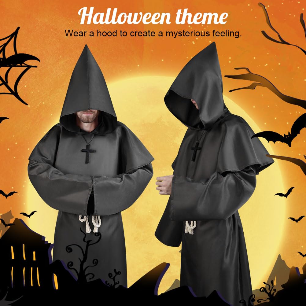 Aomig Monk Costume, 4 Pcs Medieval Friar Hooded Monk Cape Renaissance Wizard for Adult Women Men, Pastor Outfit Priest Robe Costume Halloween Fancy Dress Christmas Party Cosplay Costume (XL, Black)