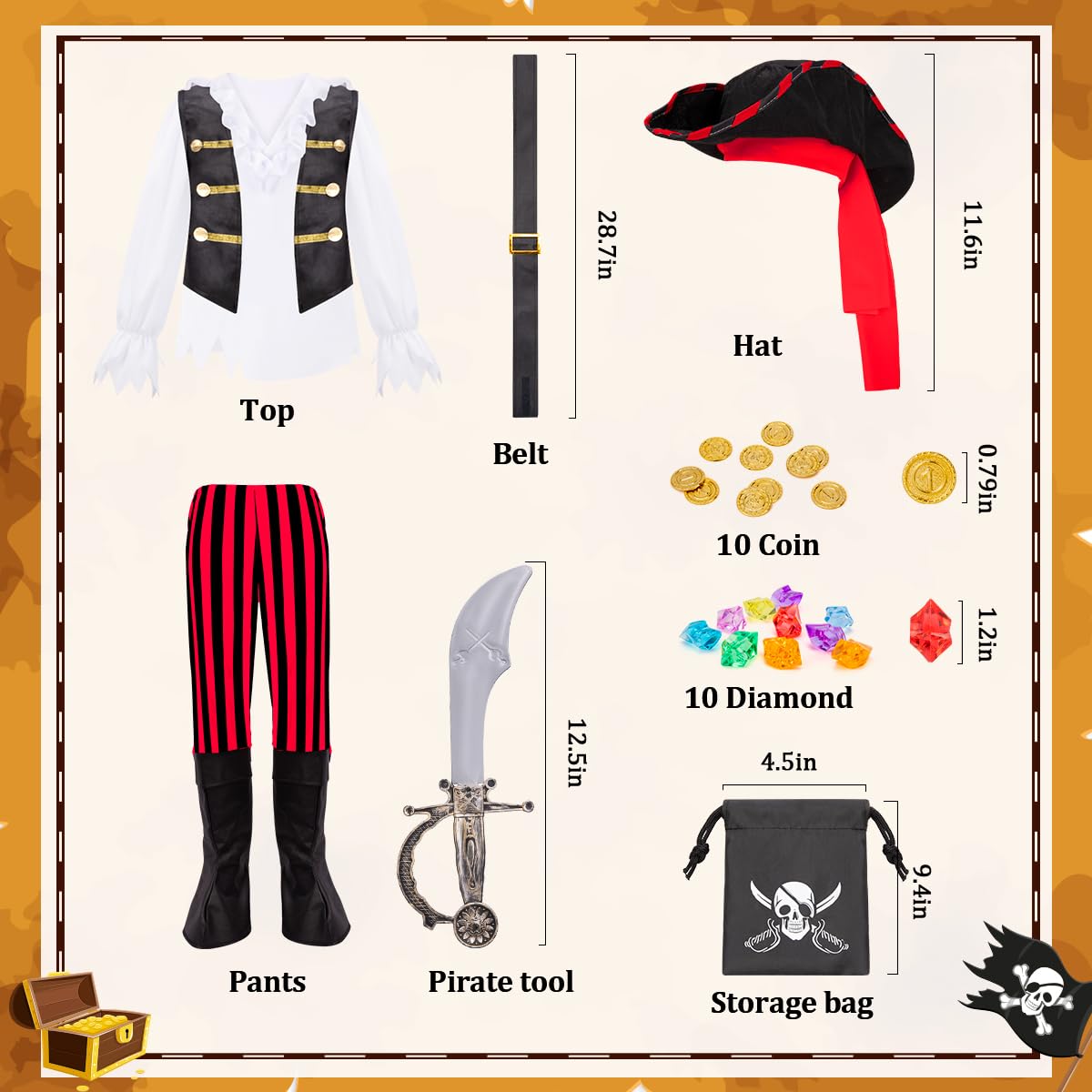 MELAND Pirate Costume Kids, Boys Girls Dress up with Pirate Hat, Boot-covers for Kids Aged 3 to 10, Fancy Dress for Kids & Toddlers Pirate Day Halloween Costumes (Black, M(5-6 Years))