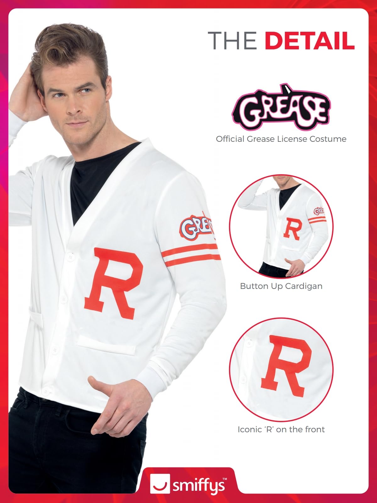 Smiffys Grease Rydell Prep Costume in White for Adults, Sweater Vest, Button-Up, Iconic R Letter, Officially Licensed, Perfect for Matching Group Fancy Dress Outfits and Playful Events