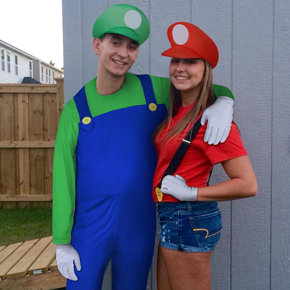 Aomig Super Plumber Costumes 4 Pack Brothers Workman Cosplay Costume Kits with Bodysuit Hats Cap Mustaches White Gloves 1980s Videogame Bros Fancy Dress Outfit Costume for Women Men(Green)