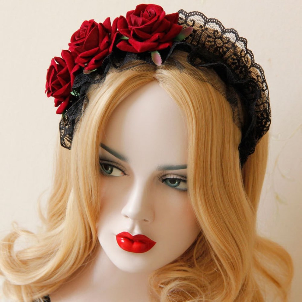Gothic Rose Headband Black Lace Flower Crown Day of The Dead Headband Halloween Costume Headdress Cosplay Headpiece Accessories Bride Rose Hair Hoop for Gothic Wedding Festival Photoshoot