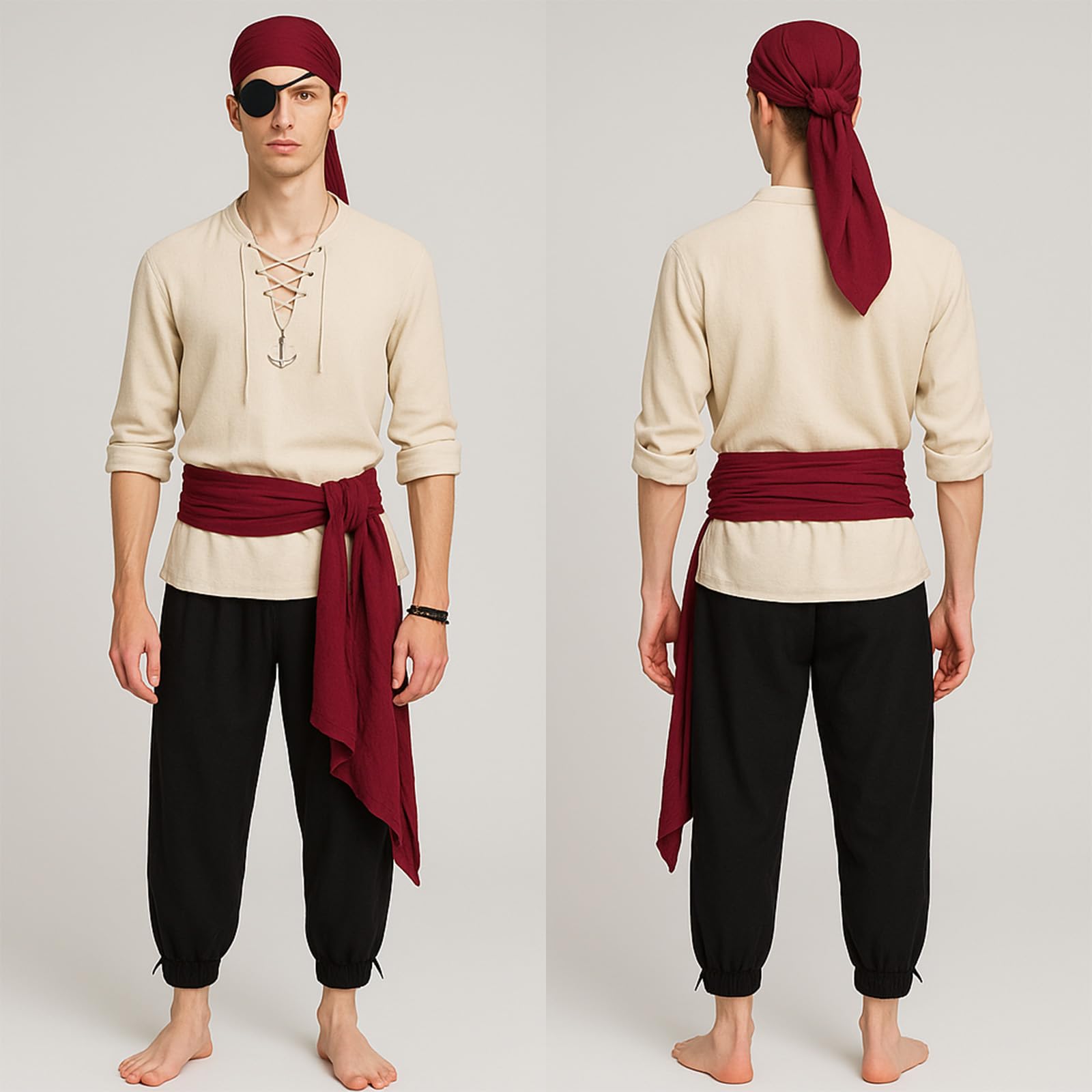 Pirate Costume for Adult Men with Eye Patch Medieval Shirt Trousers (image 3)