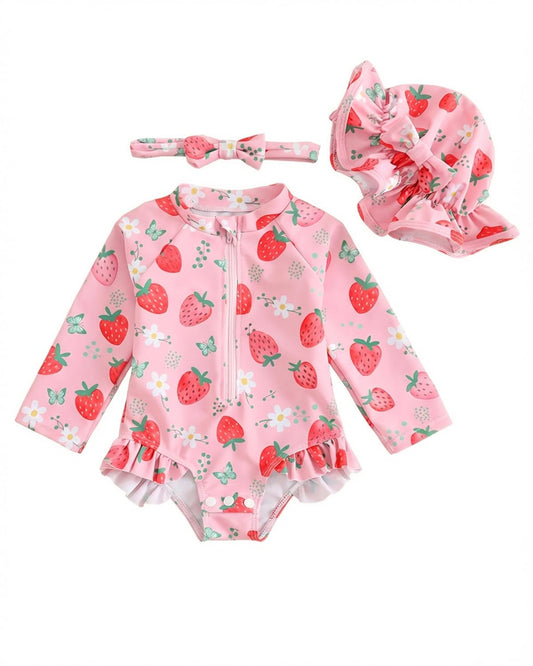 Newborn Baby Swimsuit Girl 3-Piece Set 0M-3T, Long Sleeve Toddler Swimming Costume with Hat & Headband, UPF 50+ Infant Rash Vest Front Zipper & Snaps, Pink Strawberry 0-3 Months
