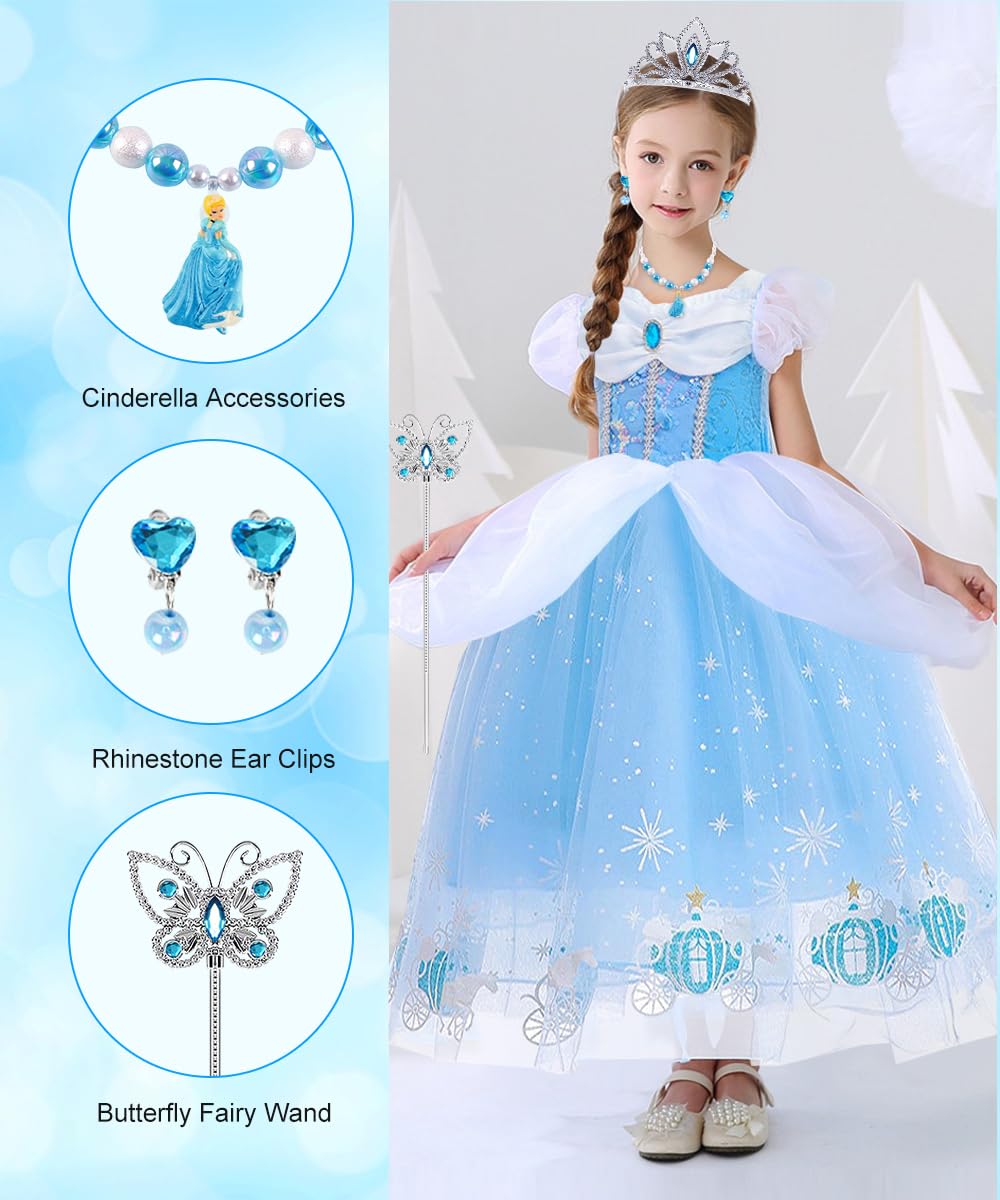 Princess Costumes for Girls, Cinderella Dress Up for Girls with Crown Fairy Wand Necklace Sets, Cinderella Princess Dress Long Skirt, Kids Fancy Dress for Carnival Party Bridesmaid Cosplay (A, 120)