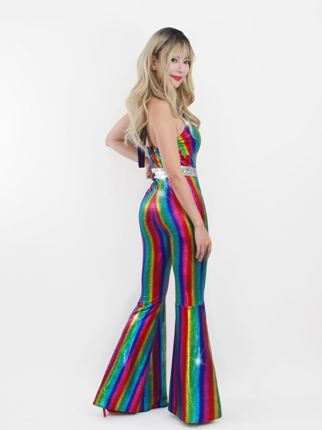 Disco Outfit 70s 80s Prom Sparkle Flare Jumpsuit Party Costume (image 4)