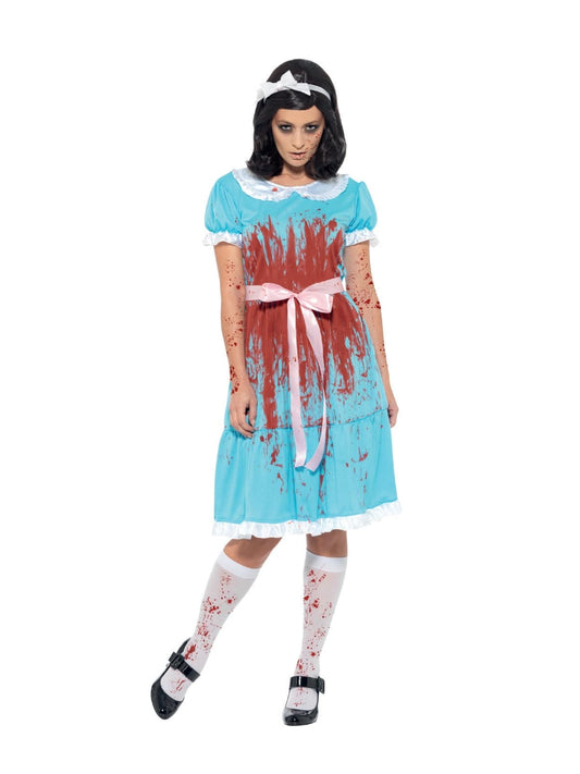 Bloody murderous twin costume in blue with dress, socks and headband