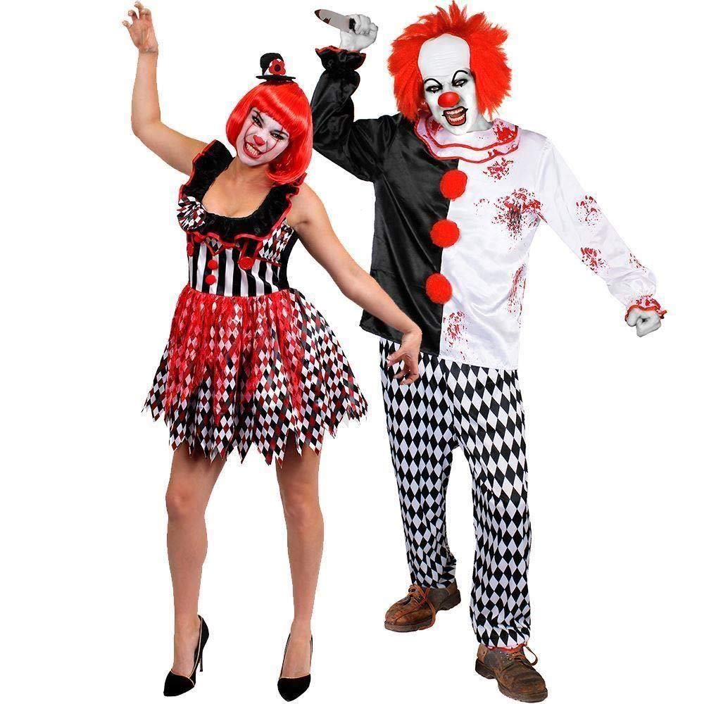 DELUXE KILLER CLOWN COUPLES HALLOWEEN COSTUME - COUPLES FANCY DRESS CLOWN COSTUMES WITH ACCESSORIES (MENS: X-LARGE + LADIES: MEDIUM)