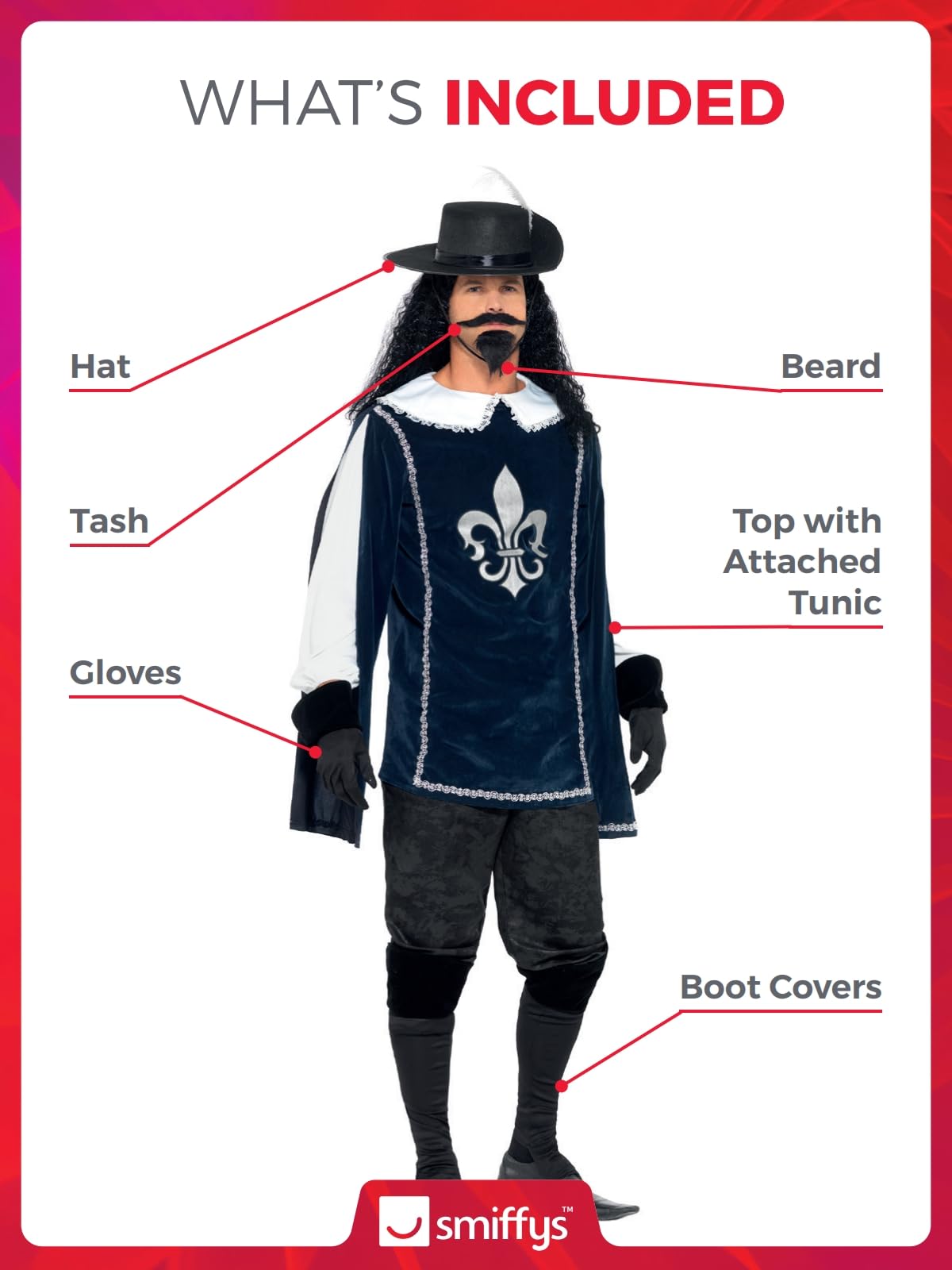 Smiffys Musketeer Male Costume, with Top, Hat, Navy Gloves, Boot Covers, Beard & Tash, Historical Fancy Dress, Medieval Dress Up Costumes