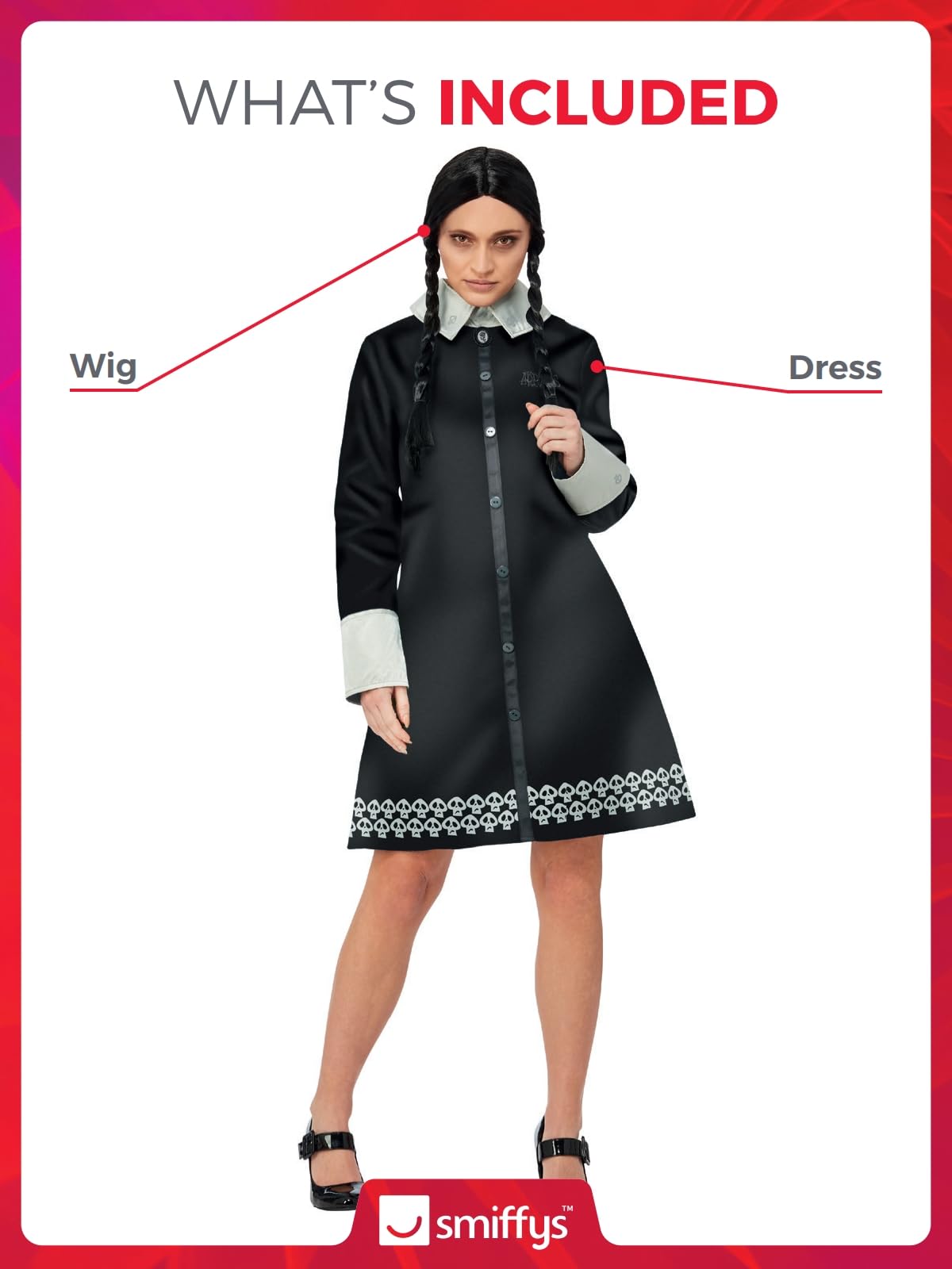 Smiffys The Addams Family Wednesday Adult Costume, Elegant Black Dress with Skull Pattern and Wig, Officially Licensed Wednesday Addams Costume, Ideal for Halloween Group Costumes and Parties