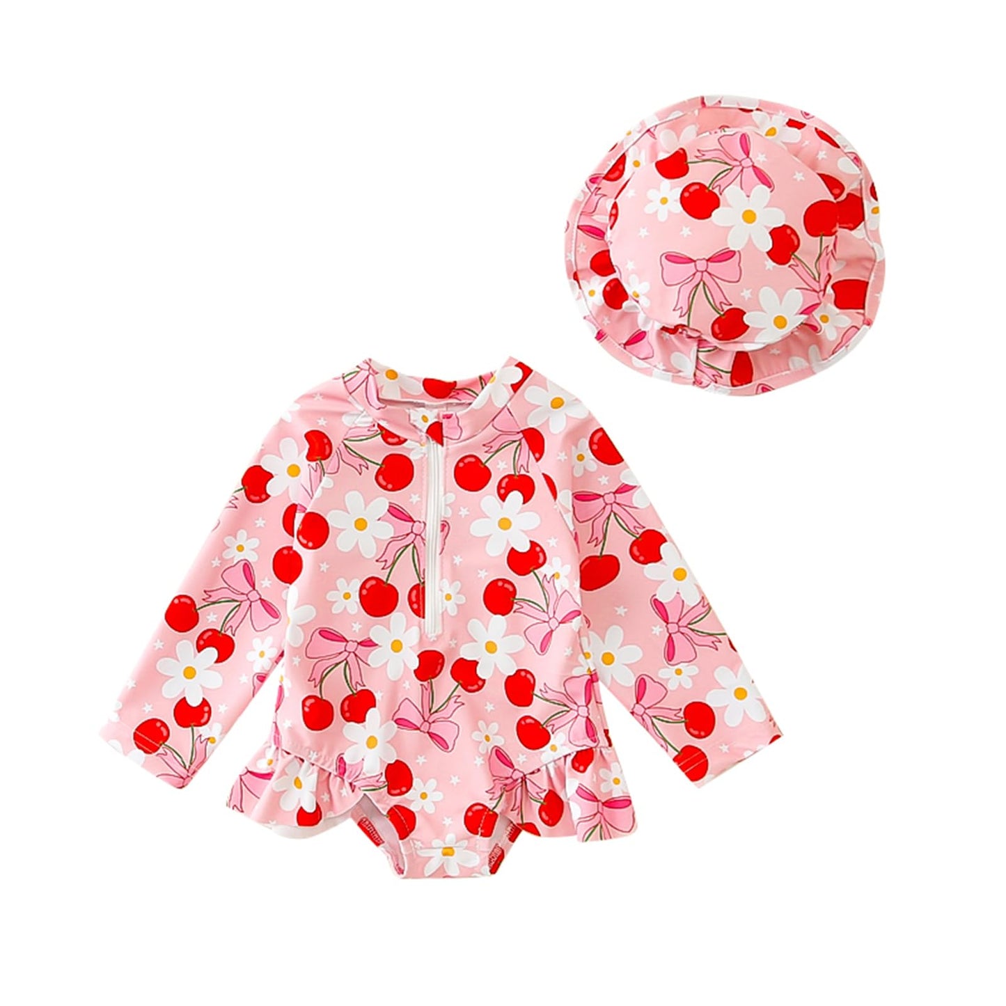 Nicoxijia Baby Girls Long Sleeve One Piece Swimming Costume Zipper Swimsuit Swimwear Bathing Suit Rash Guard with Sun Hat Set (Pink, 12-18 Months)