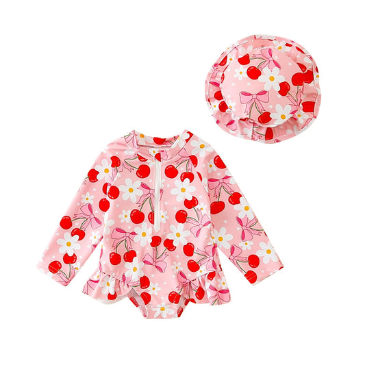Nicoxijia Baby Girls Long Sleeve One Piece Swimming Costume Zipper Swimsuit Swimwear Bathing Suit Rash Guard with Sun Hat Set (Pink, 12-18 Months)