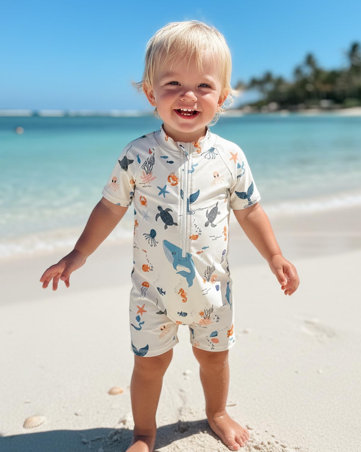 Baby Swimsuit Boys Rash Vest Set 3M-3T – Short Sleeve UPF 50+ Infant Swimming Costume with Hat, Zipper Toddler One Piece Rash Guard Swimwear, Beige Oceam 6-12 Months