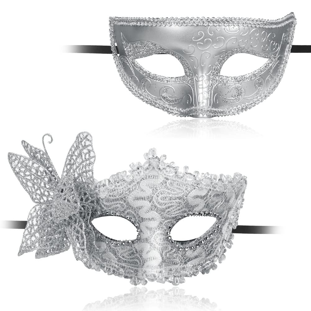 Aomig Couple Masquerade Masks, 2 Pack Lace Venetian Party Eye Mask Halloween Costume Mask Classic Mardi Gras Mask for Couples Women and Men
