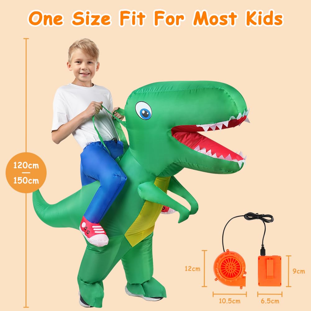 AOOWU Dinosaur Costume, Deluxe Dinosaur Inflatable Costume T-Rex Blow up Fancy Dress for Kids, Funny Ride-on Green Dinosaur Halloween Costumes for Halloween Cosplay Masquerade Party, Green