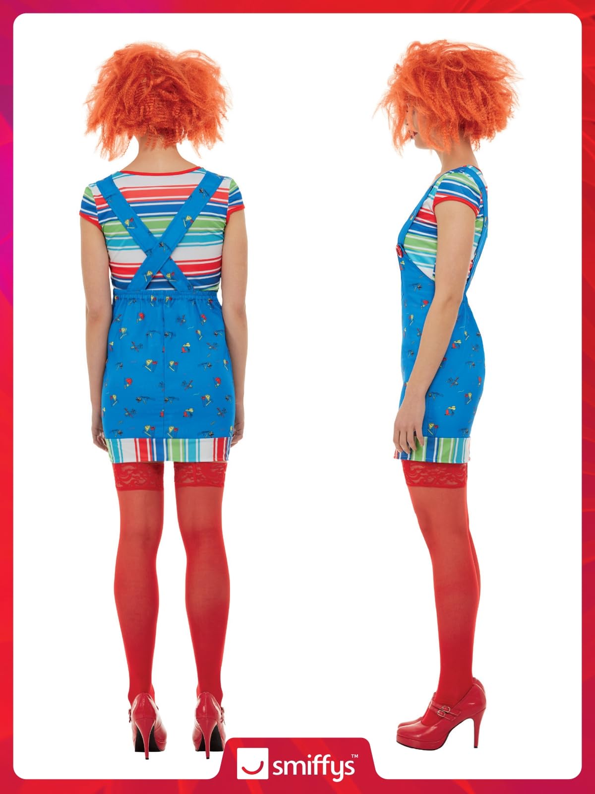 Smiffys Chucky Sexy Costume in Blue Top and Printed Dungarees, Officially Licensed, Iconic Printed Dungarees and Striped Top, Short Dress, Halloween Costume Womens Fancy Dress Sexy Chucky