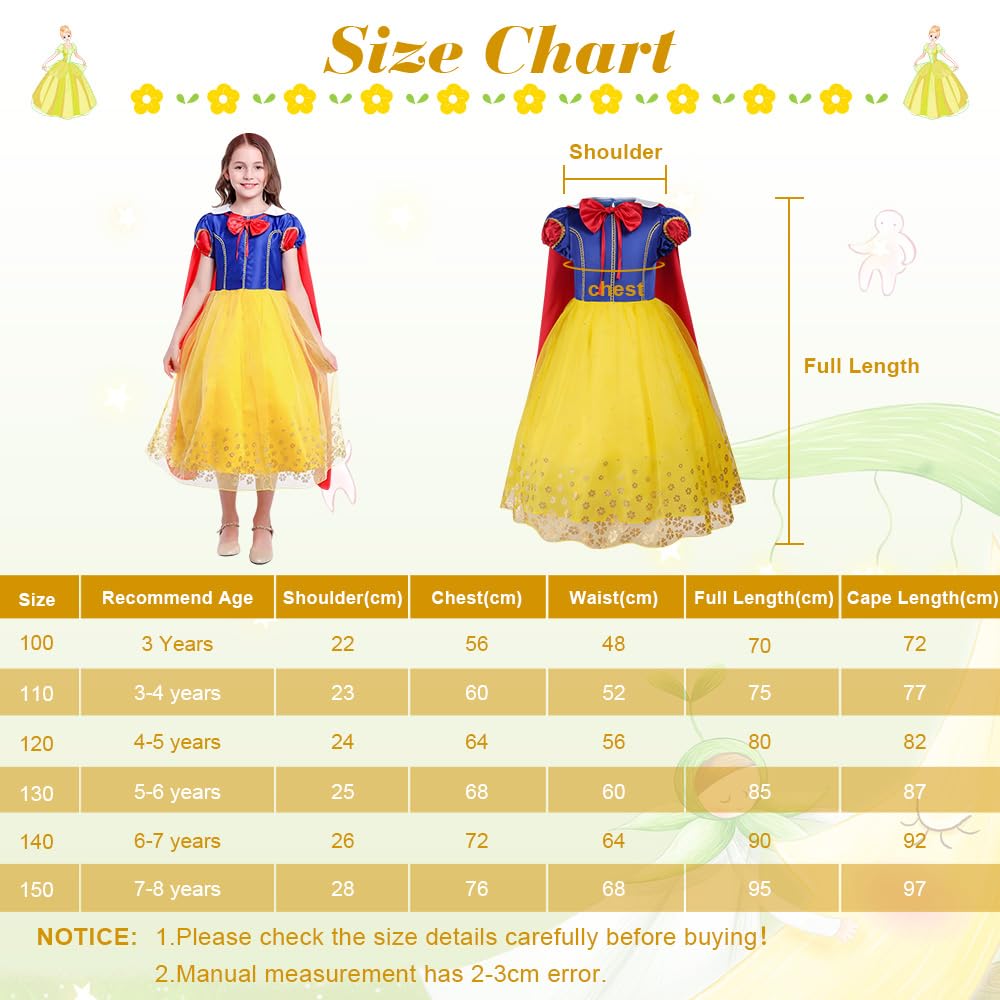 Aomig Girls White Snow Costume, Deluxe White Snow Princess Fancy Dress With Crown Wand and Red Cape, White Snow Princess Dress Up for Girl Birthday Bridesmaid Christmas Carnival Halloween Cosplay(120)