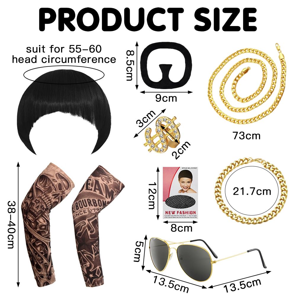 Ibiza Final Boss Costume Funny Costumes For Men with Handsome Black Bowl Cut Wig Hair Nets Goatee Mustache Sunglasses Gold Chain Ring & Tattoo Sleeves, 90s Meme Cosplay Ibiza Outfit for Carnival Party