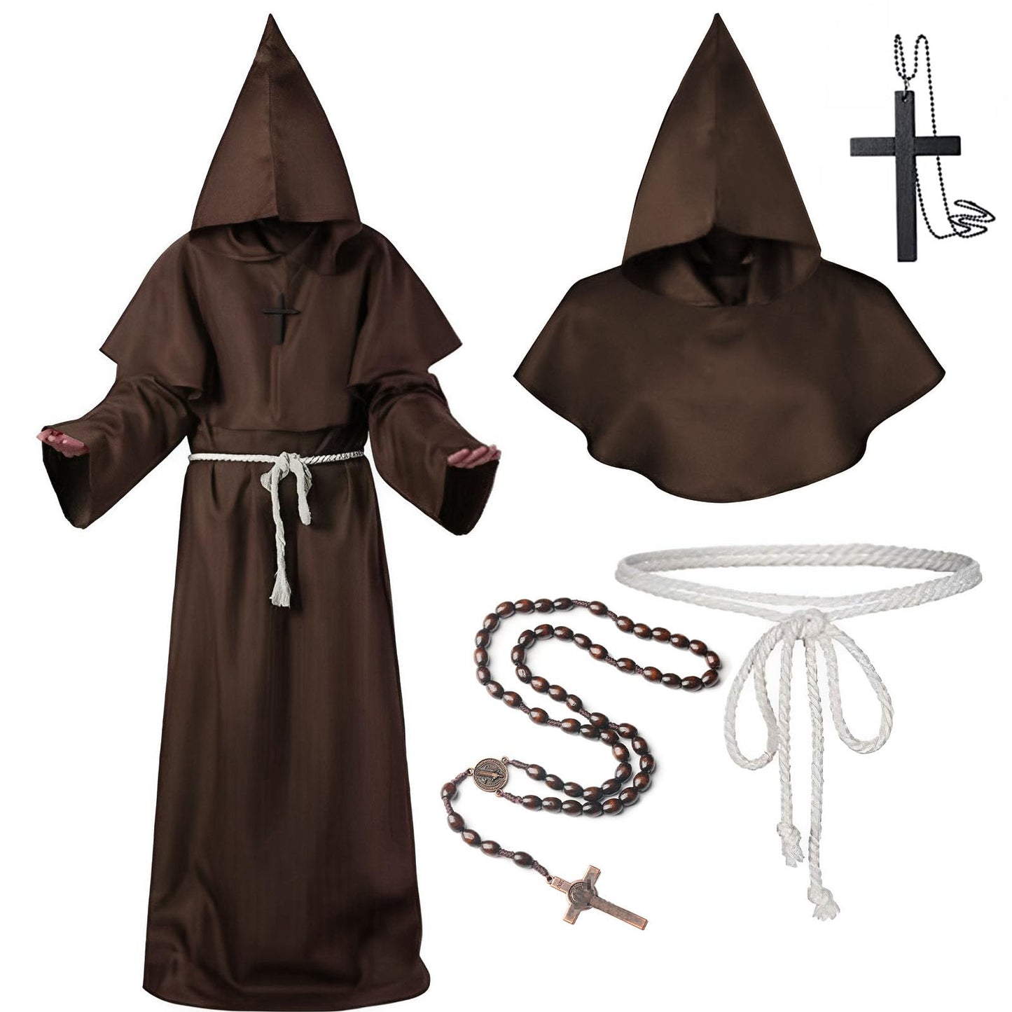 Medieval Renaissance Robes Hooded Monk Cloak with Hood Costume and Cord Burgundy Men's Priester Fancy Dress Outfits with Cross for Theme Party Halloween Cosplay Carnival For Adults (Brown, S)