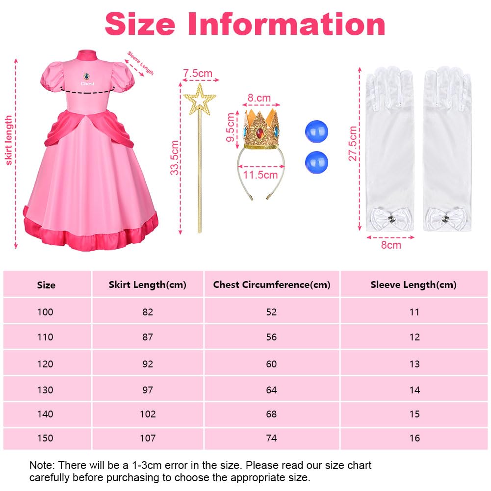 Aomig Peach Princess Costume for Girls, 5 Pcs Peach Fancy Dress Up with Crown Earrings Gloves Brooch Wand, Princess Peach Outfits Dress for Girls for Party Cosplay Birthday Halloween Christmas(120)
