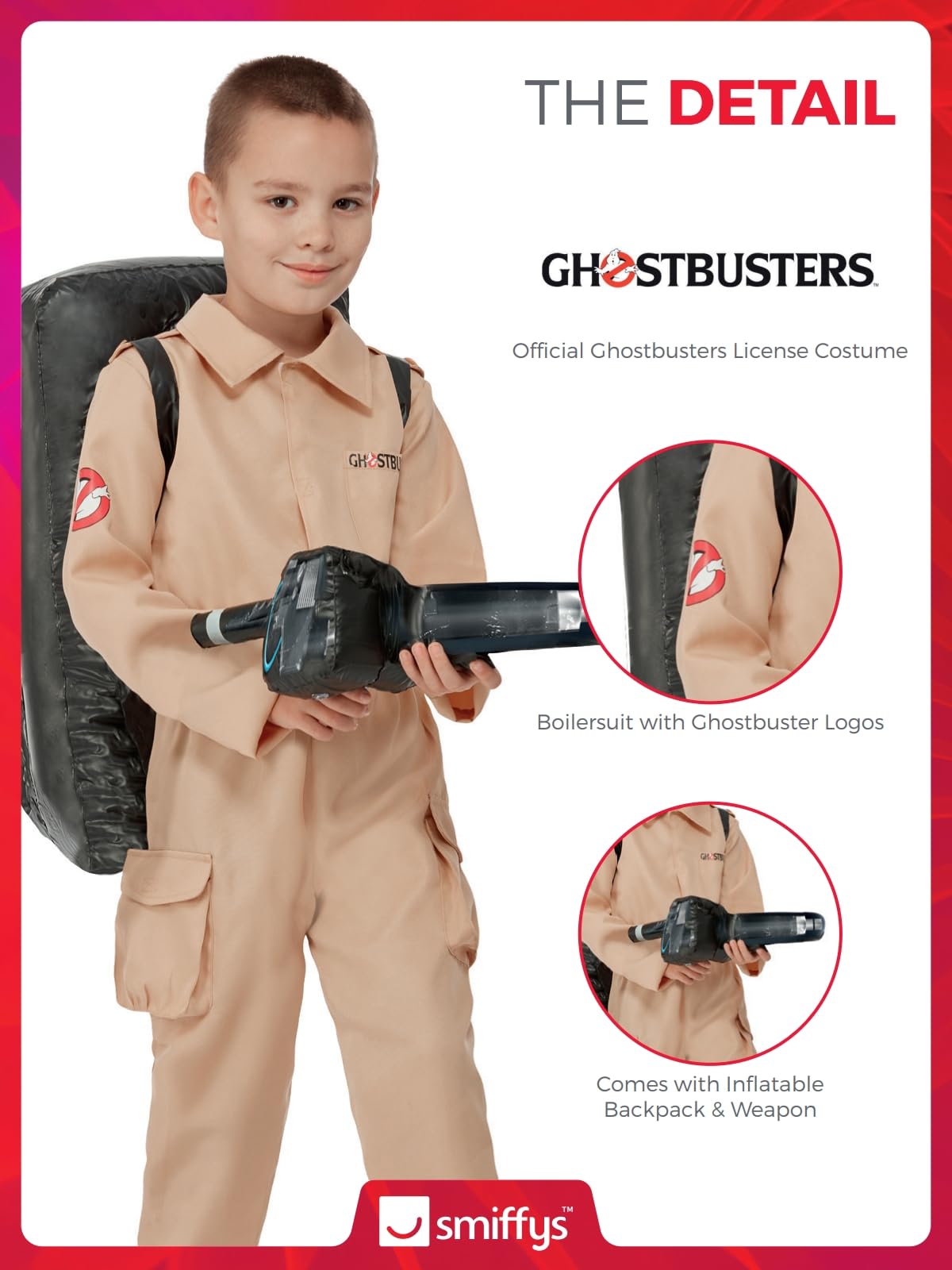 Smiffys Ghostbusters Child’s Costume, Jumpsuit with Inflatable Backpack, Officially Licensed Boilersuit with Ghostbusters Logos, Perfect for Halloween and 80s-Themed Family Fancy Dress