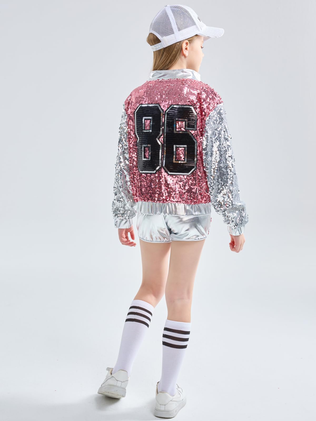 4-Piece Girls Hip Hop Sequins Costume - Sparkly Graphic Jacket (image 7)