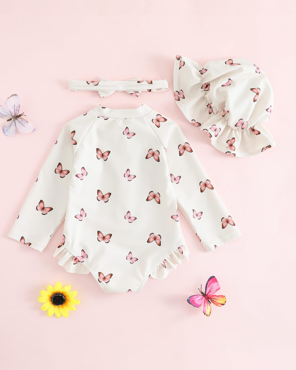 Baby Swimsuit Girl 3-Piece Set 0M-3T, Long Sleeve Toddler Swimming Costume with Hat & Headband, UPF 50+ Infant Rash Vest Front Zipper & Snaps, Beige Butterfly 3-6 Months