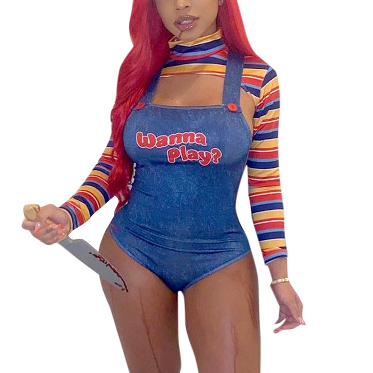 CocMouse Halloween Costumes for Women Scary Nightmare Killer Doll Costume Halloween Doll Clown Costume Sexy Cosplay Jumpsuit (B-Blue, L)