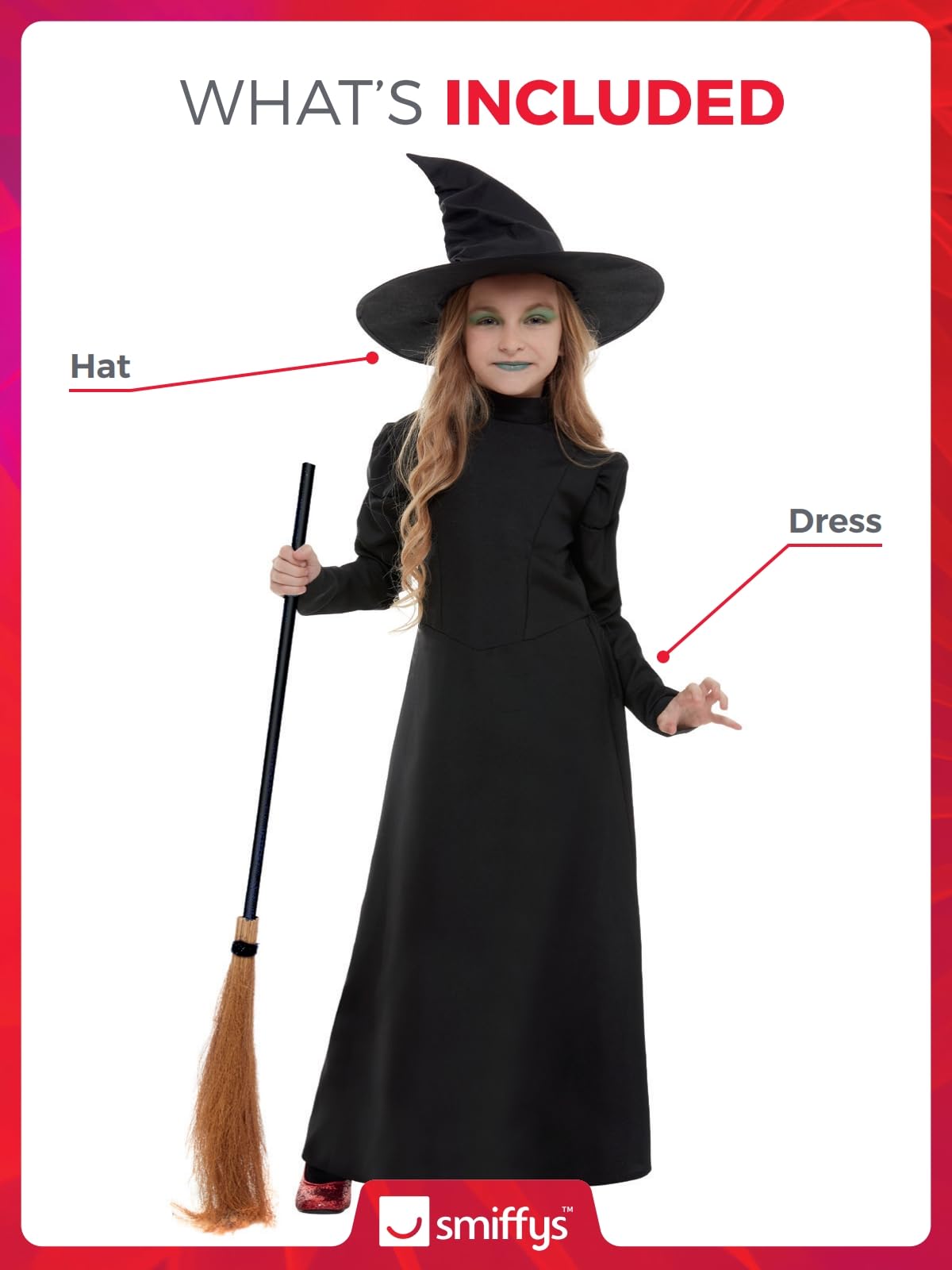 Smiffys Wicked Witch Girl Costume, Black with Dress & Hat, Halloween Child Fancy Dress, Witch Dress Up Costumes