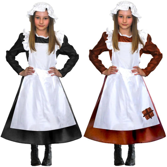 Victorian maid costume with black dress, apron and mop cap