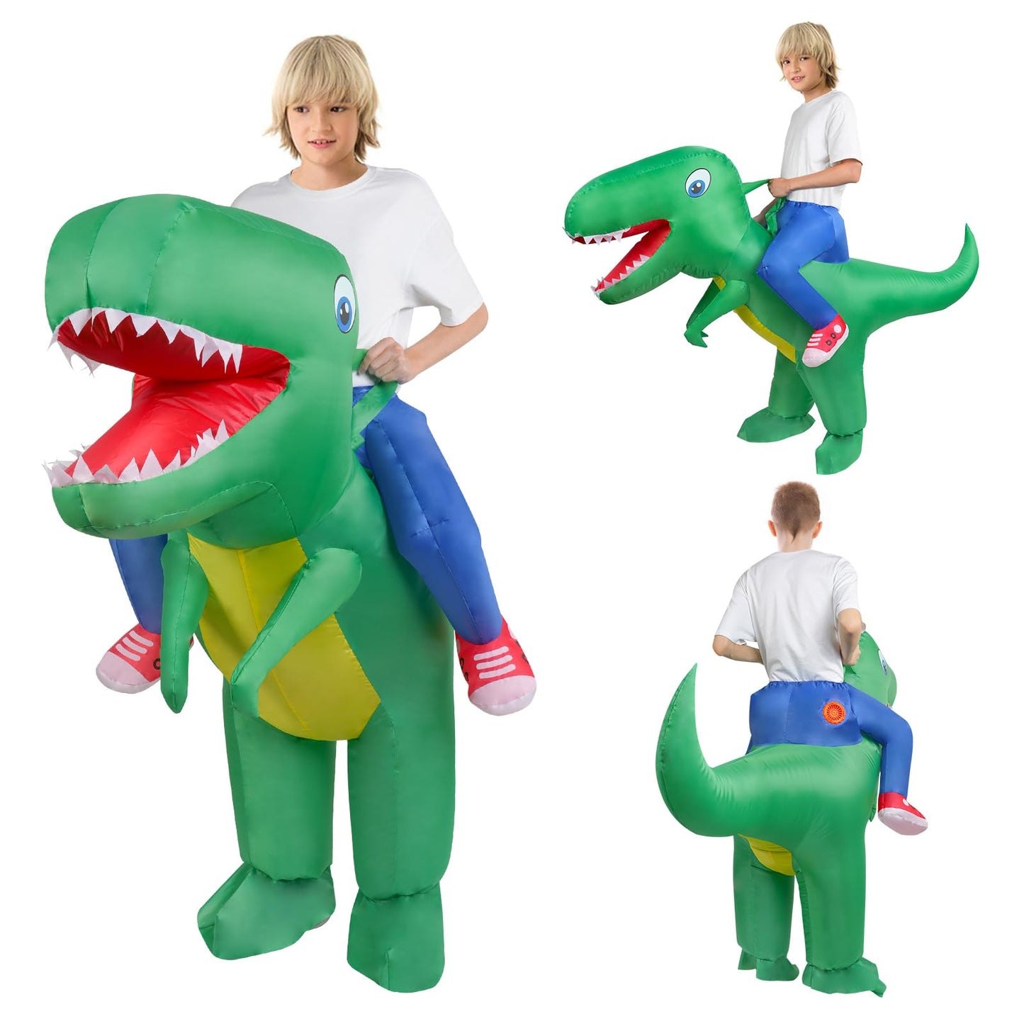 AOOWU Dinosaur Costume, Deluxe Dinosaur Inflatable Costume T-Rex Blow up Fancy Dress for Kids, Funny Ride-on Green Dinosaur Halloween Costumes for Halloween Cosplay Masquerade Party, Green