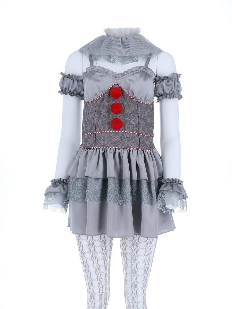 Smiffys IT Chapter Two Pennywise Ladies Costume for Adults, Mini Dress with Sleeves, Neck Ruffle, and Tights, Grey, Officially Licensed, Ideal for Halloween and Matching Fancy Dress Parties