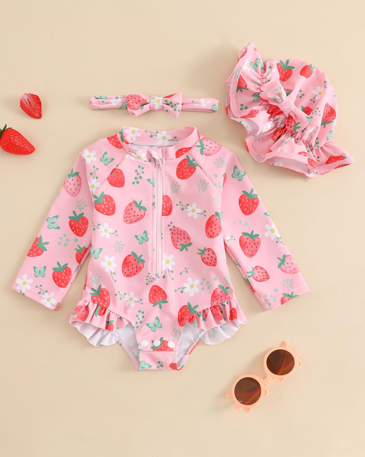 Newborn Baby Swimsuit Girl 3-Piece Set 0M-3T, Long Sleeve Toddler Swimming Costume with Hat & Headband, UPF 50+ Infant Rash Vest Front Zipper & Snaps, Pink Strawberry 0-3 Months