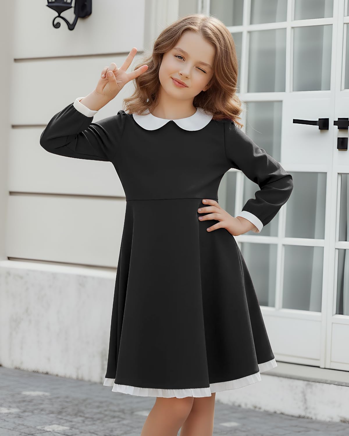 JiAmy Dress Girls Skater Dresses Long Sleeve Swing Peter Pan Collar Elegant Halloween Christmas Party Flared Dress Kids with Pockets 120,Black