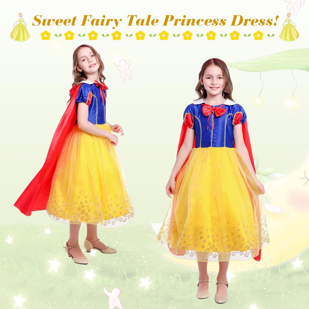 Aomig Girls White Snow Costume, Deluxe White Snow Princess Fancy Dress With Crown Wand and Red Cape, White Snow Princess Dress Up for Girl Birthday Bridesmaid Christmas Carnival Halloween Cosplay(120)