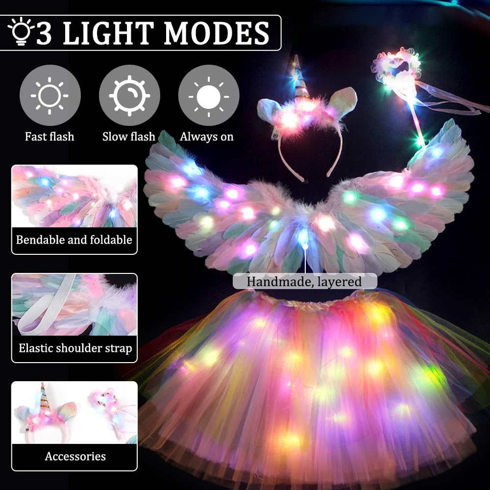 KUWUNG Light Up Fairy Costume for Girls, Kids Glowing Unicorn Costume with Feather Wings, LED Tutu Skirt, Magic Wand, Unicorn Headband, Children Fancy Dress for Halloween Christmas Carnival Party