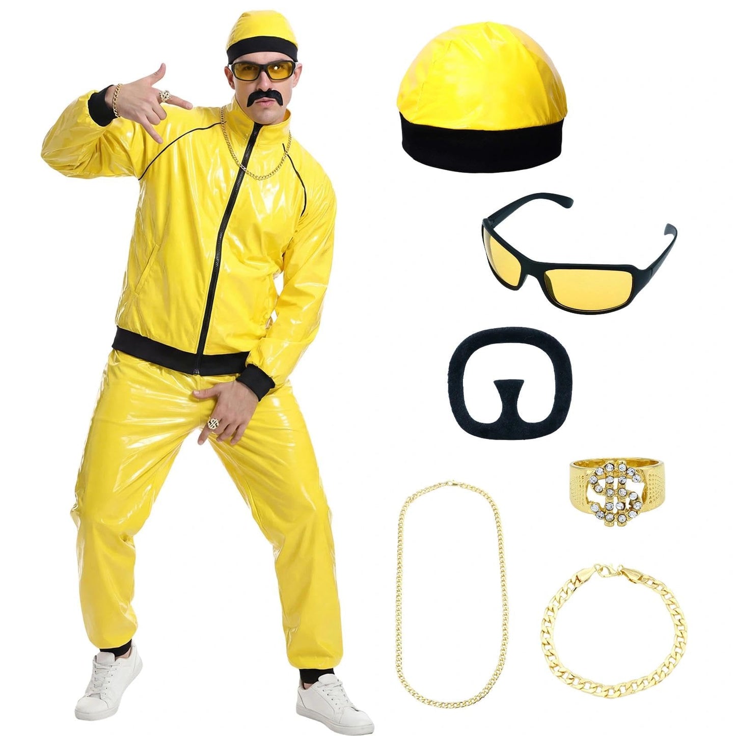 Amycute 90s Rapper Celebrity Costume for Adults, Men’s 80s 90s Fancy Dress with Accessories Kit, Ali-g Costume Adults Funny Rapper Halloween Stag Do Fancy Dress Outfits