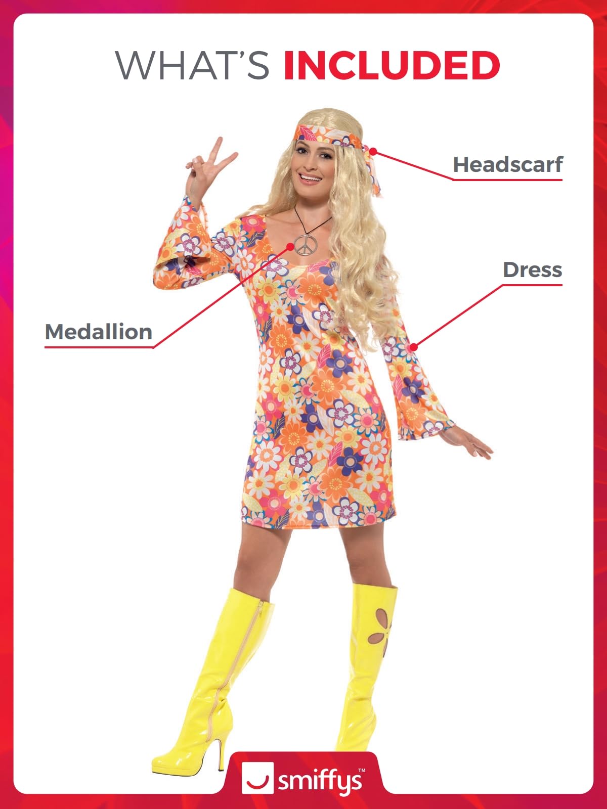 Smiffys Flower Hippie Costume, Multi-Coloured, with Dress, Headscarf & Pendant Halloween